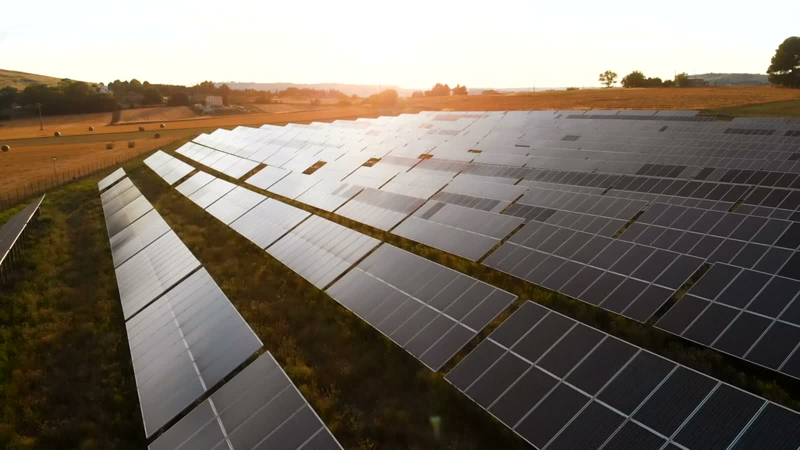Aerial view of a solar panel field at sunset in the Fraser Valley