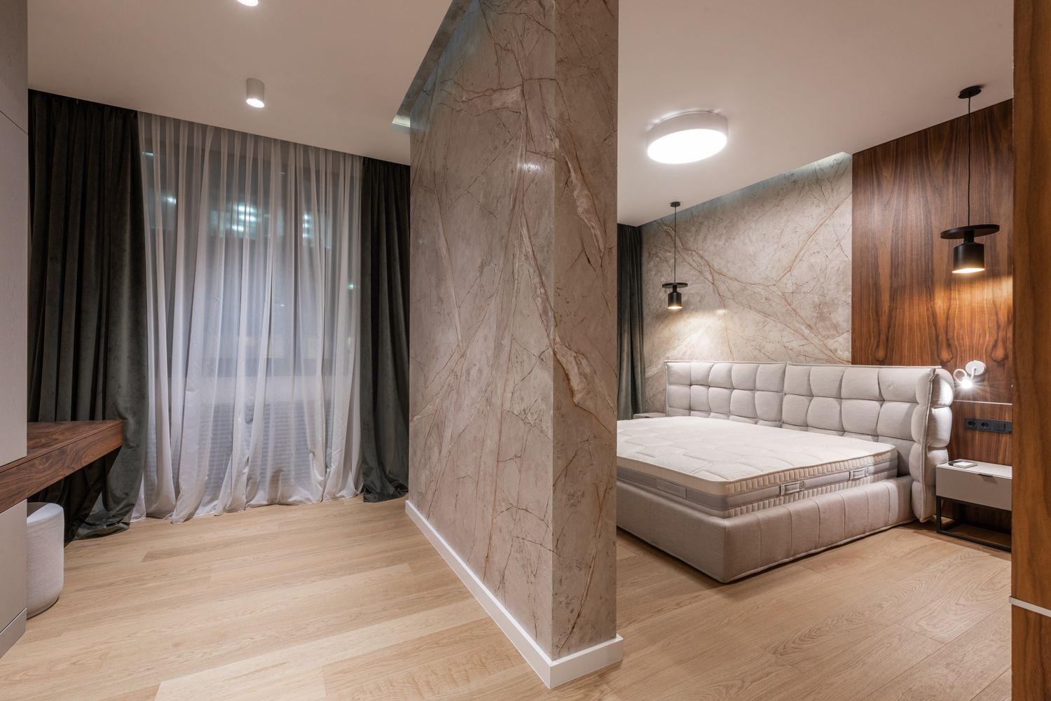 A calm bedroom with smooth, flat finished walls