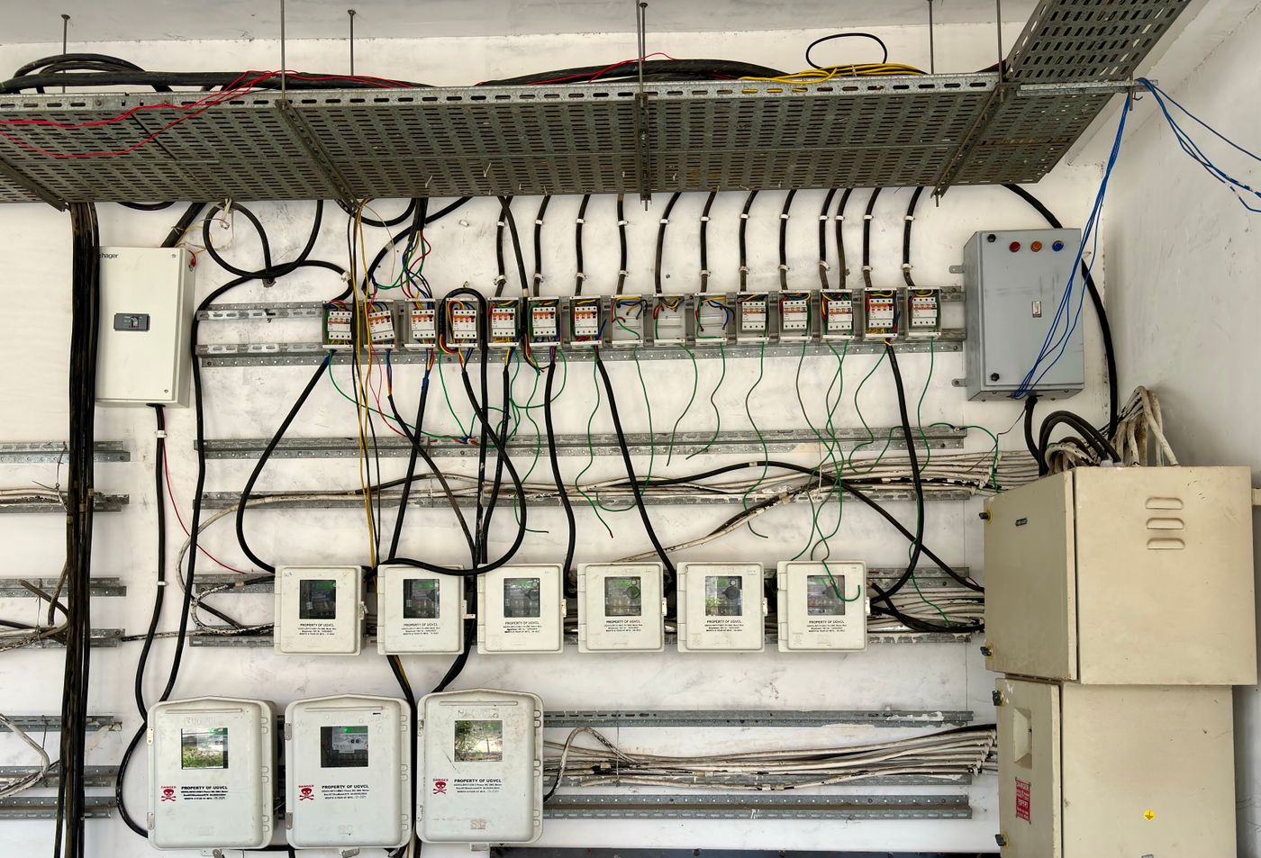 A tidy run of wiring across a service board
