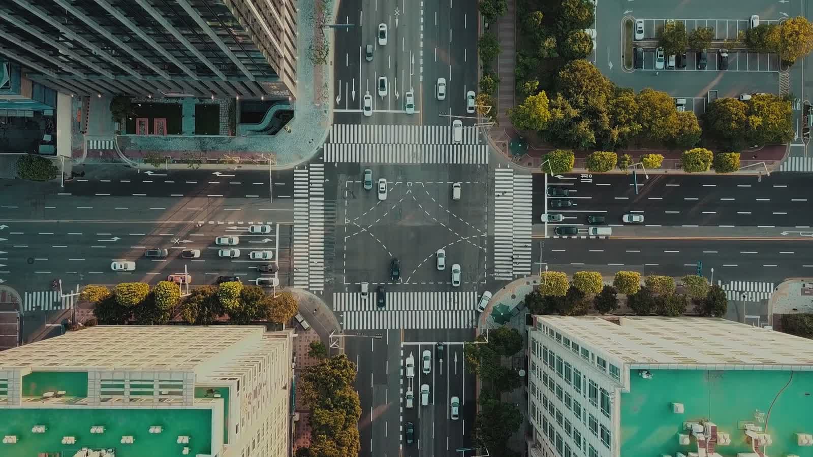 Aerial view of an asphalt road grid and intersection