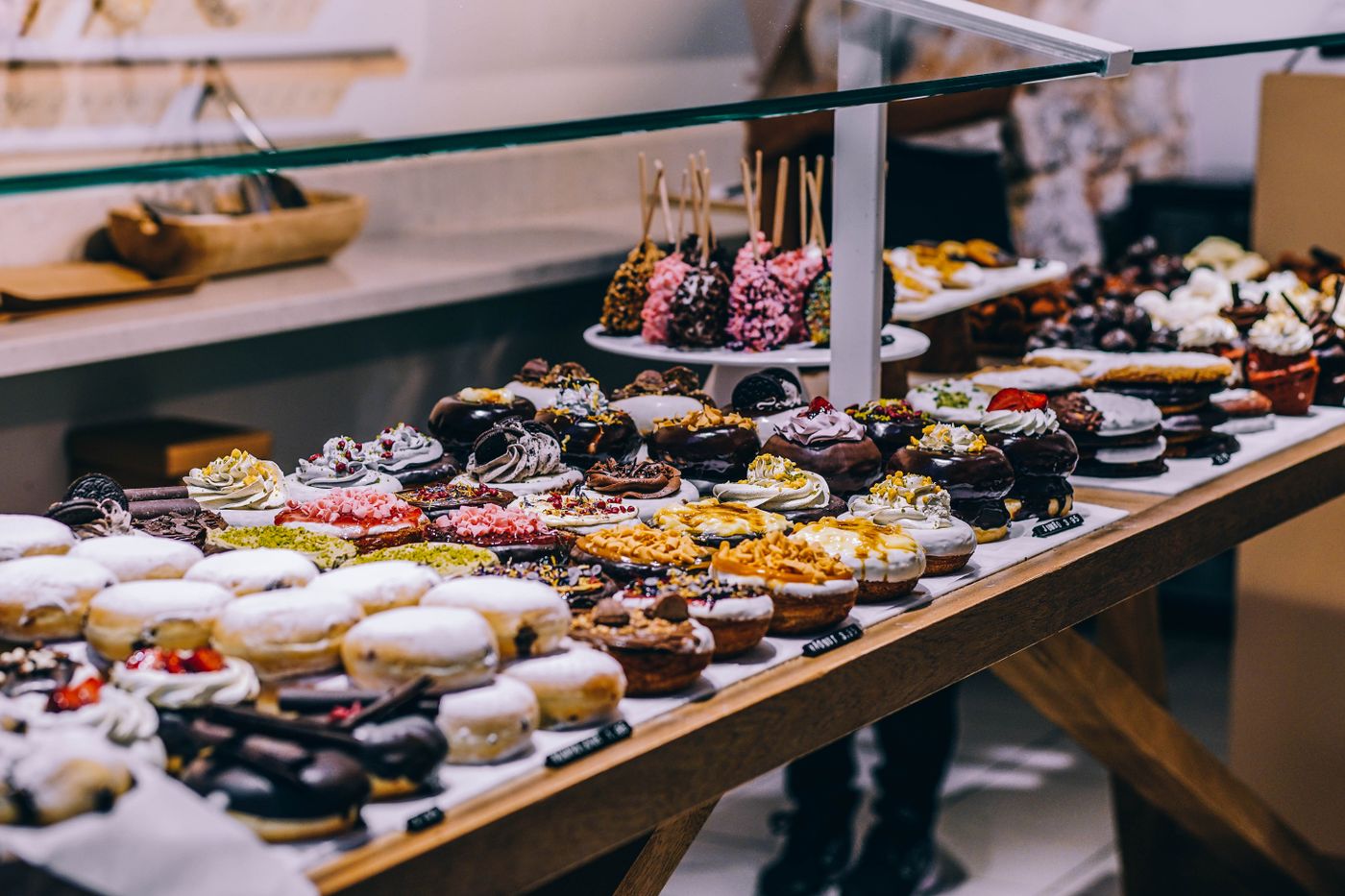 A display case of fresh pastries