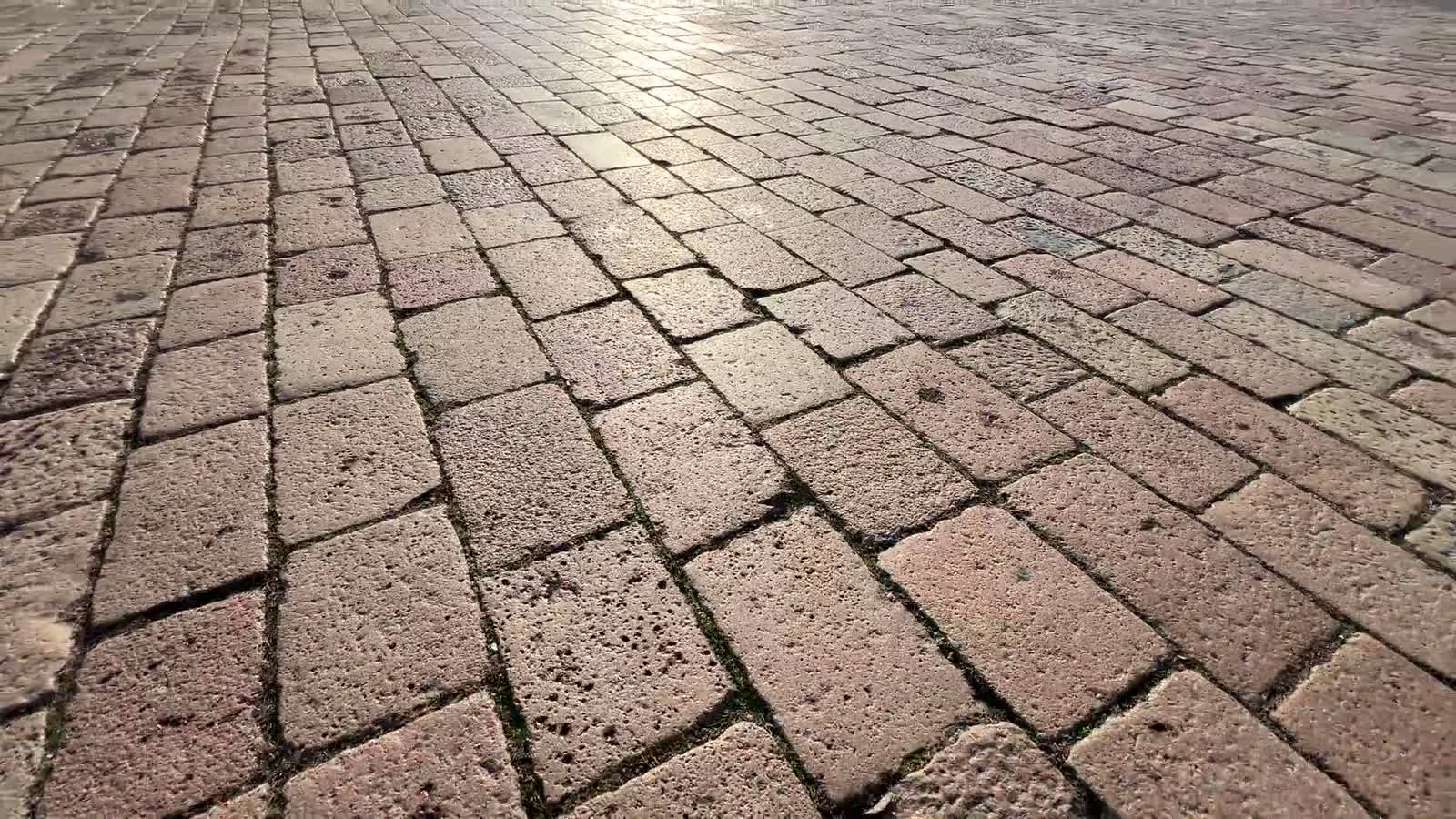Sunlit brick paving stretching into the distance