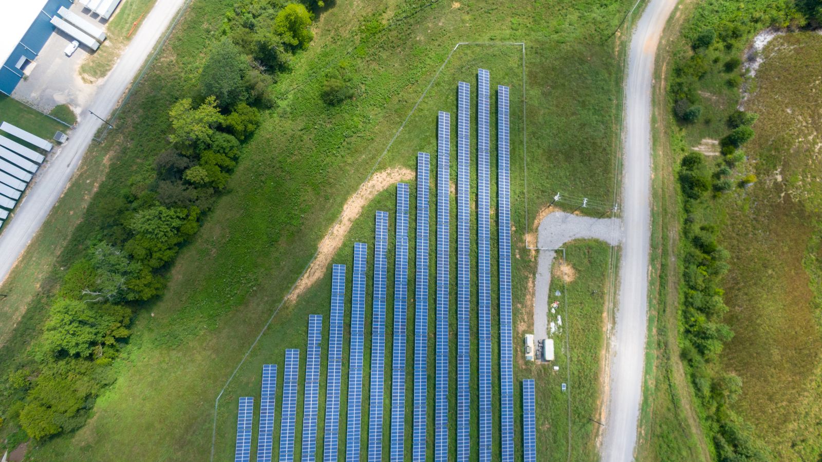 Aerial view of a clean solar panel array