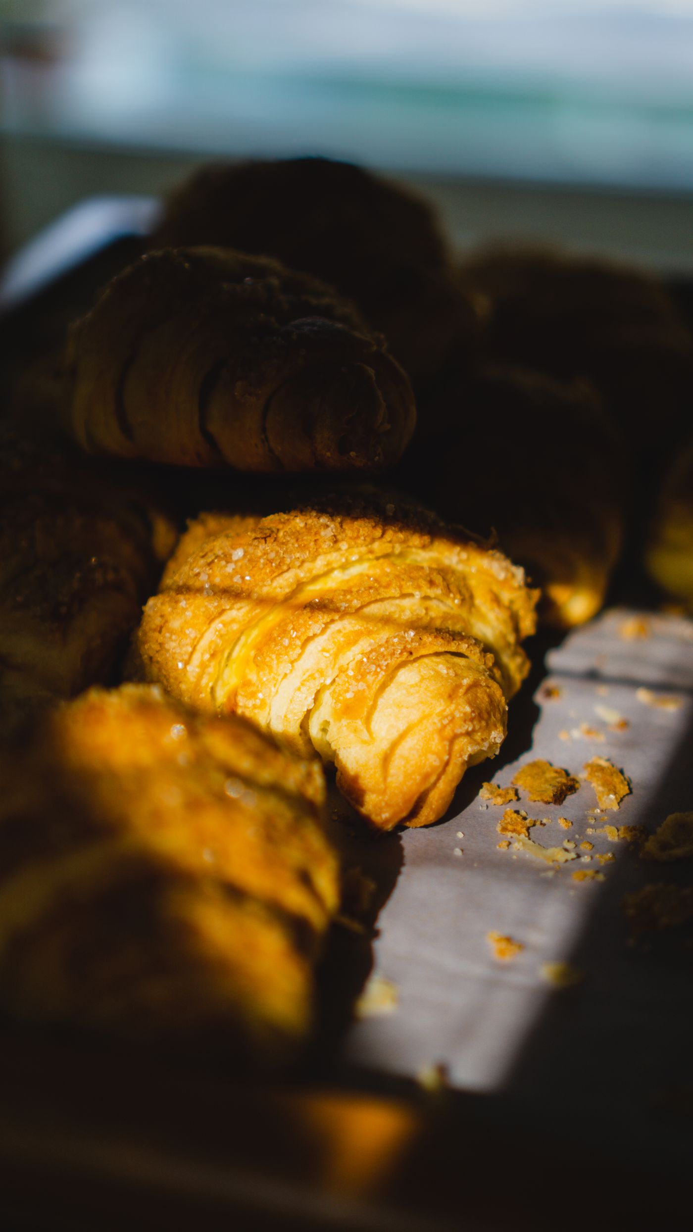 Flaky laminated croissant, close-up