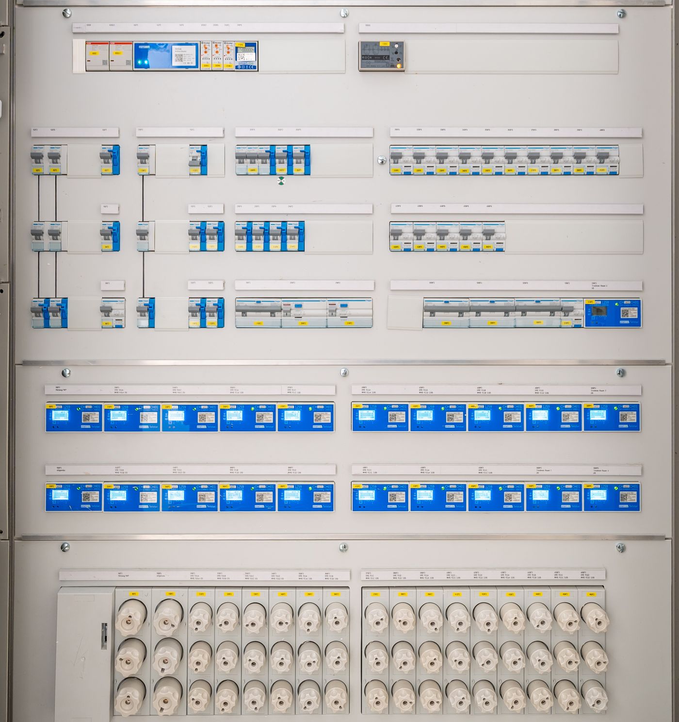 A modern breaker panel with labeled circuits