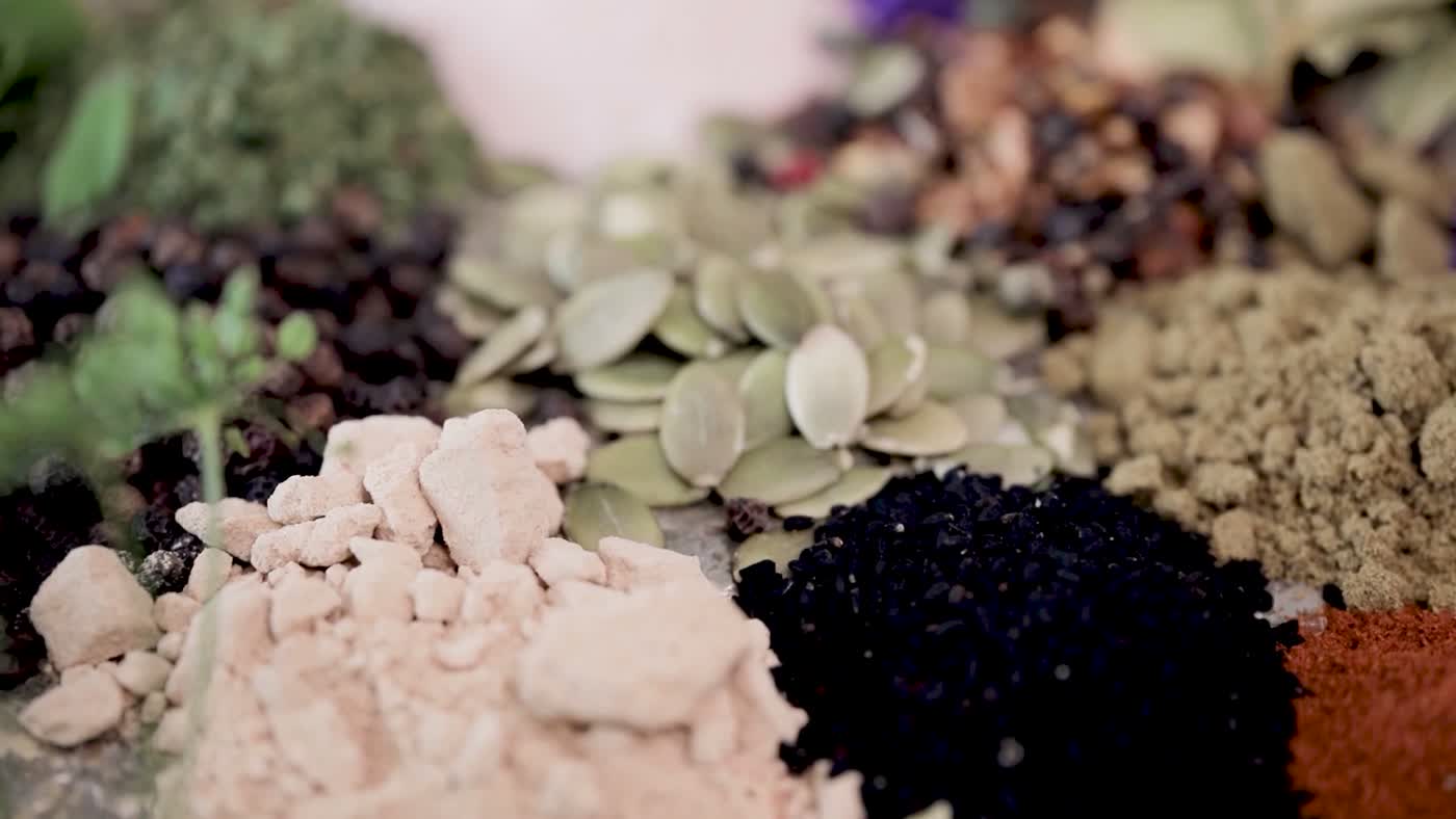 A flat-lay spread of herbs and spices