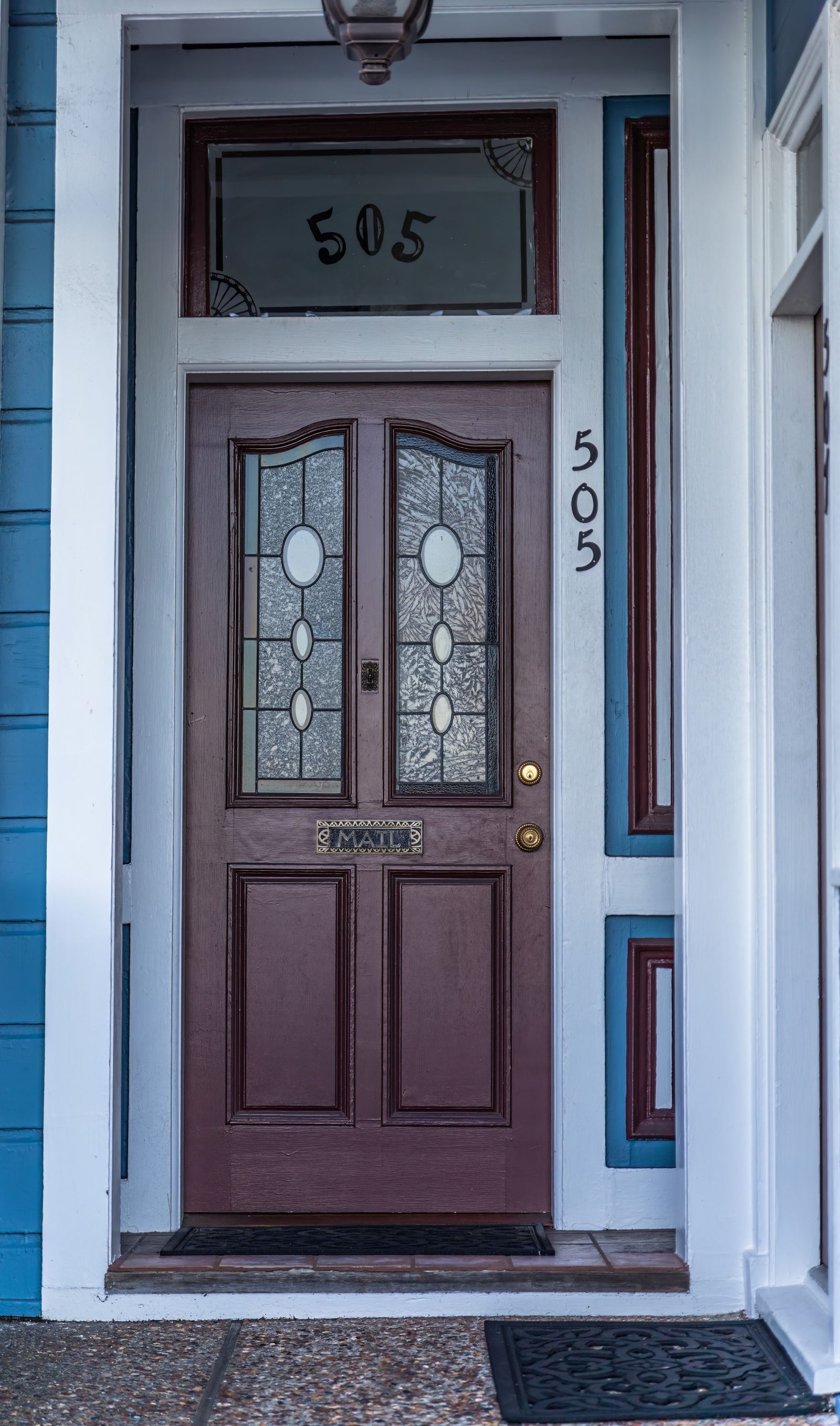 A finished entry door with leaded glass