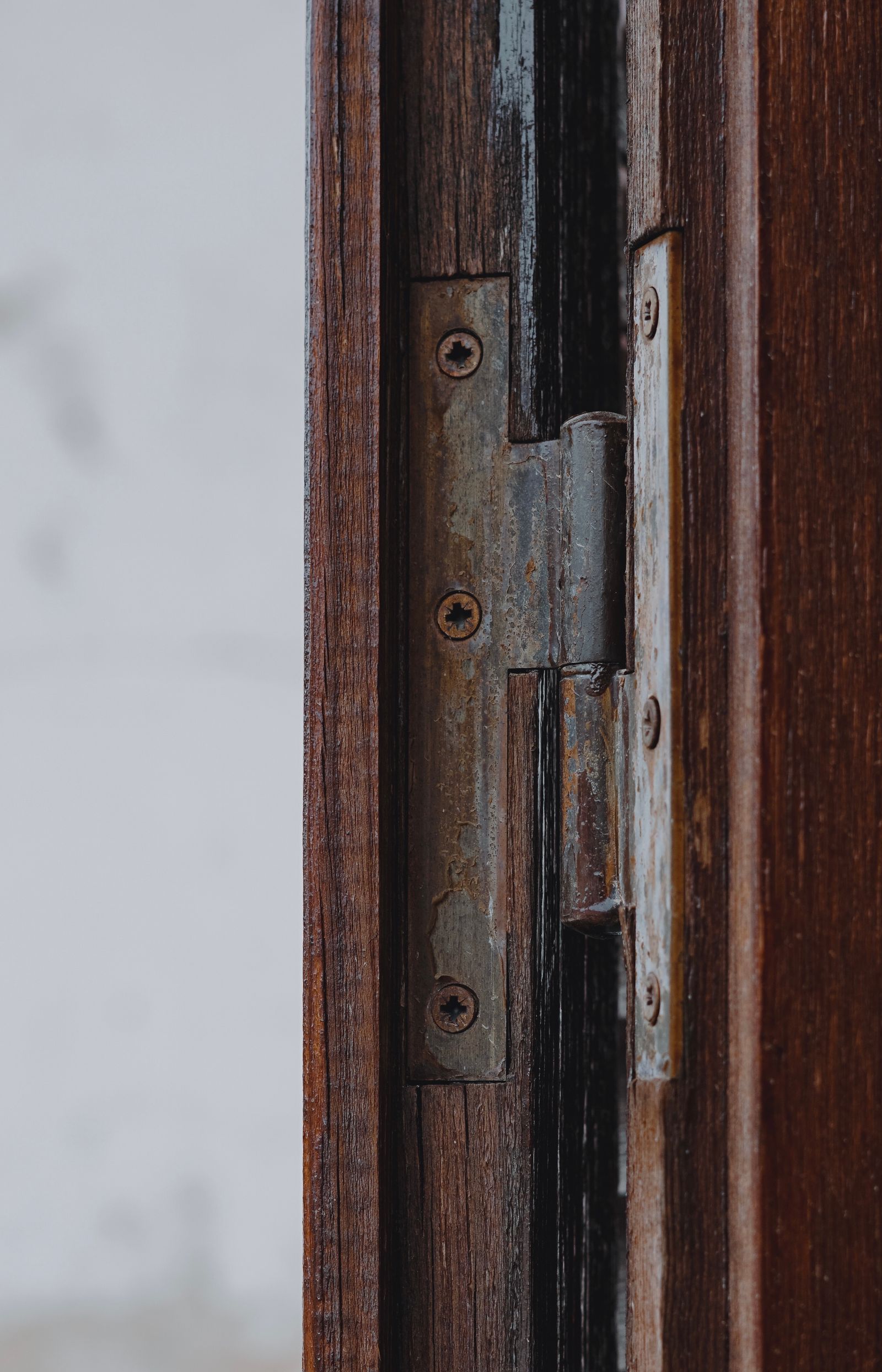 Close-up of a metal hinge on a wooden door frame