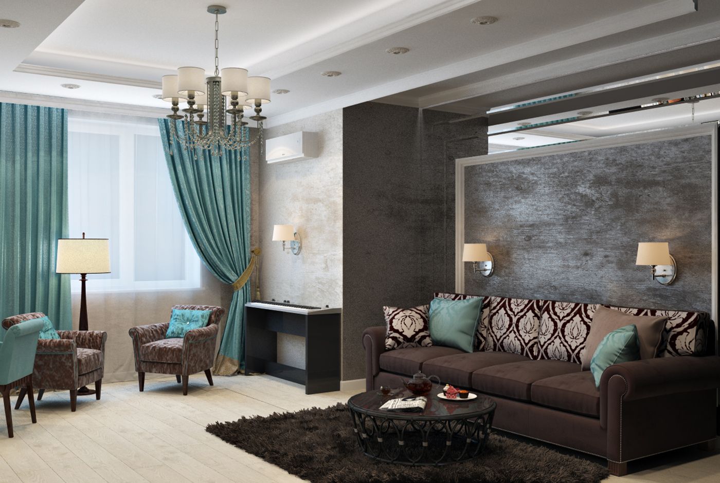 A warm studio lounge with soft lamps, plush seating and wall sconces