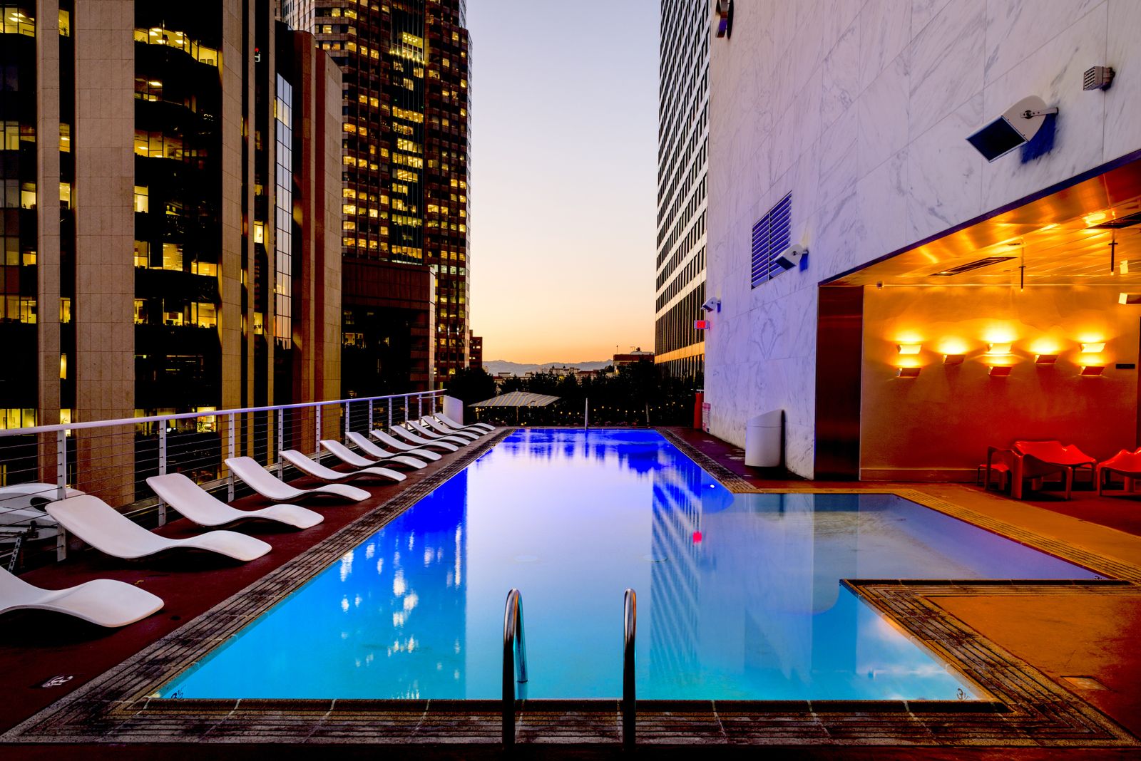 Rooftop-style pool at dusk