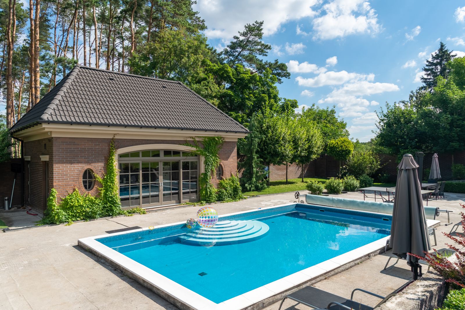 Backyard pool with paver edge and poolhouse