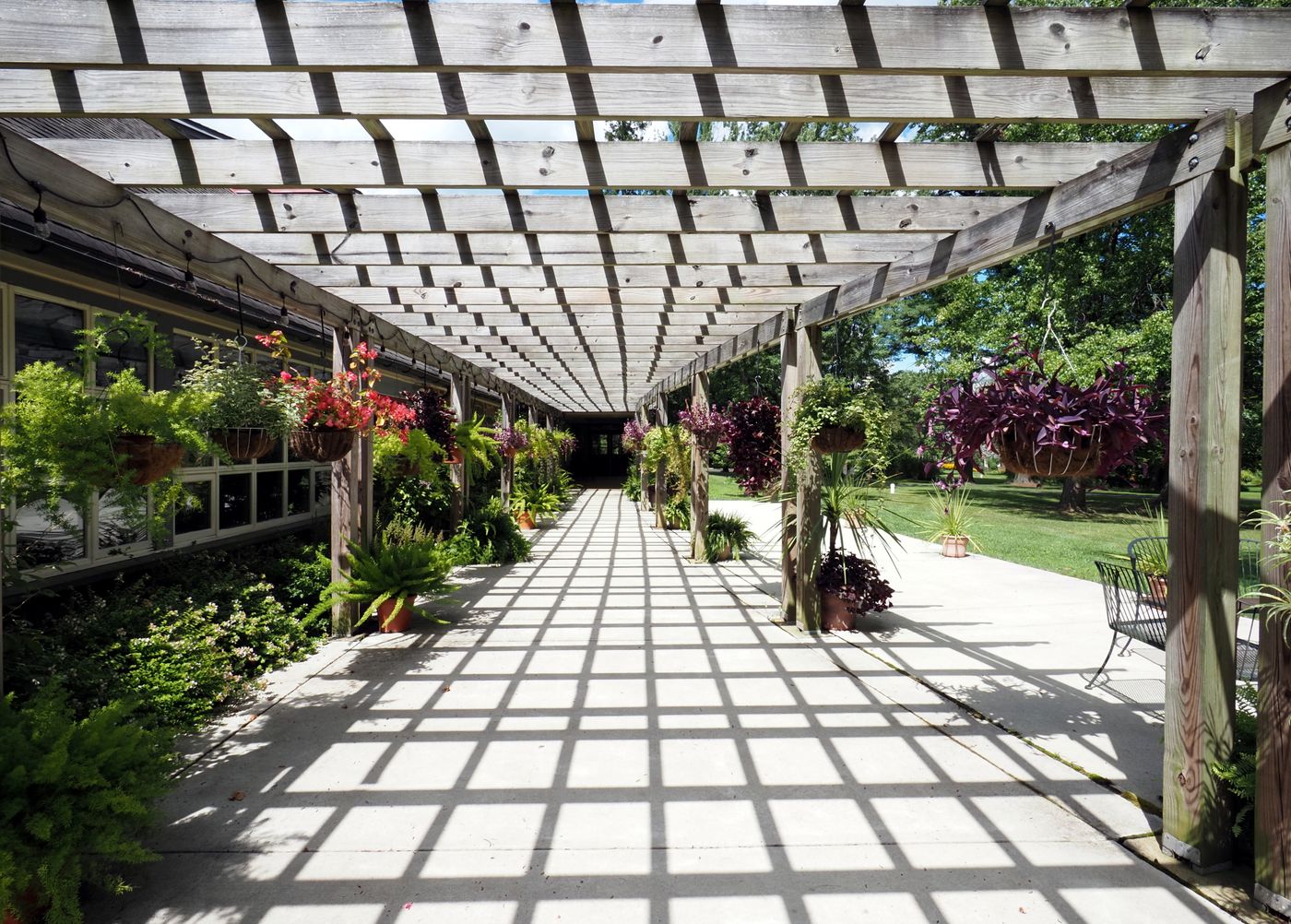 Long pergola casting shadow over a walkway