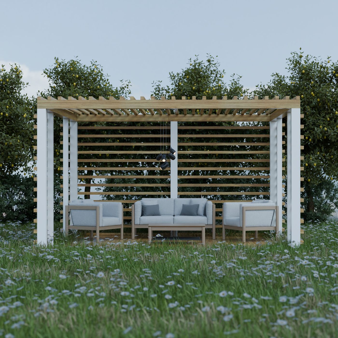 Freestanding pergola with outdoor seating