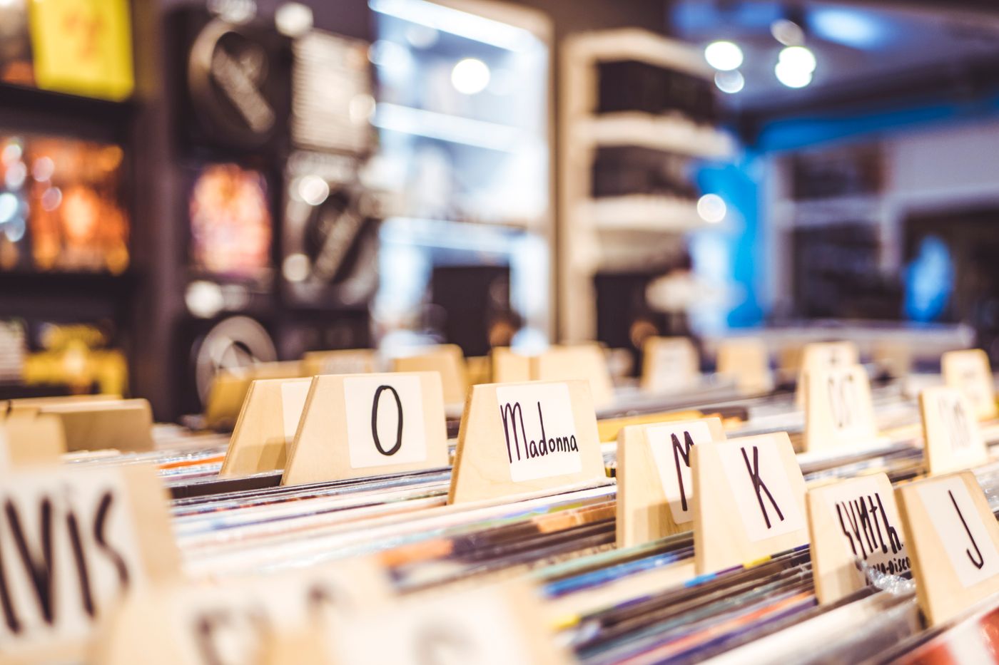 Alphabetised record bins in the shop