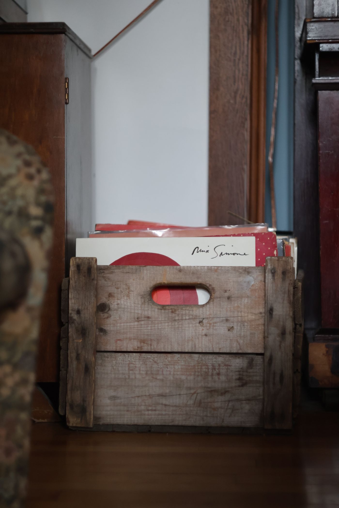 A rustic crate of LPs