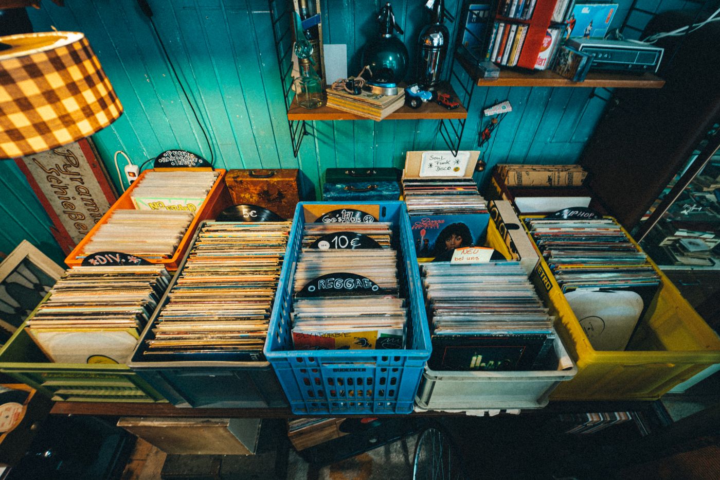 Colourful crates of records
