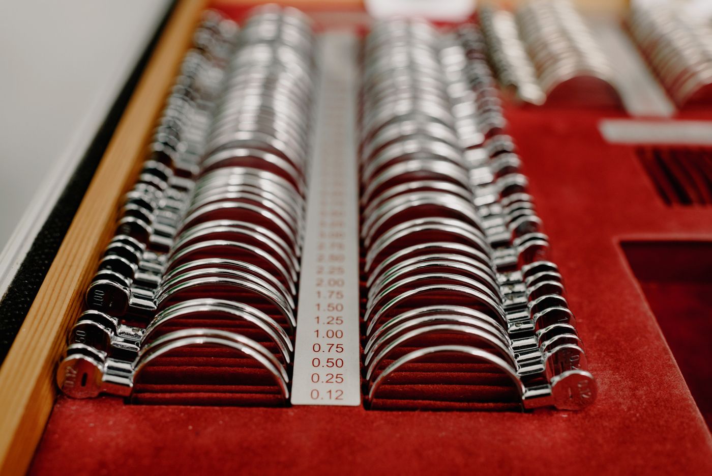 Trial lens set on red velvet