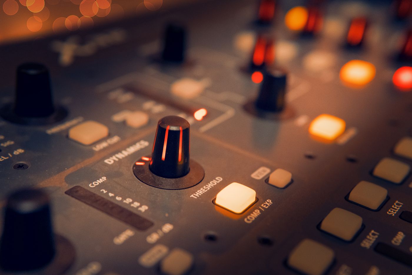 Music gear, amplifier and pedals, warm light