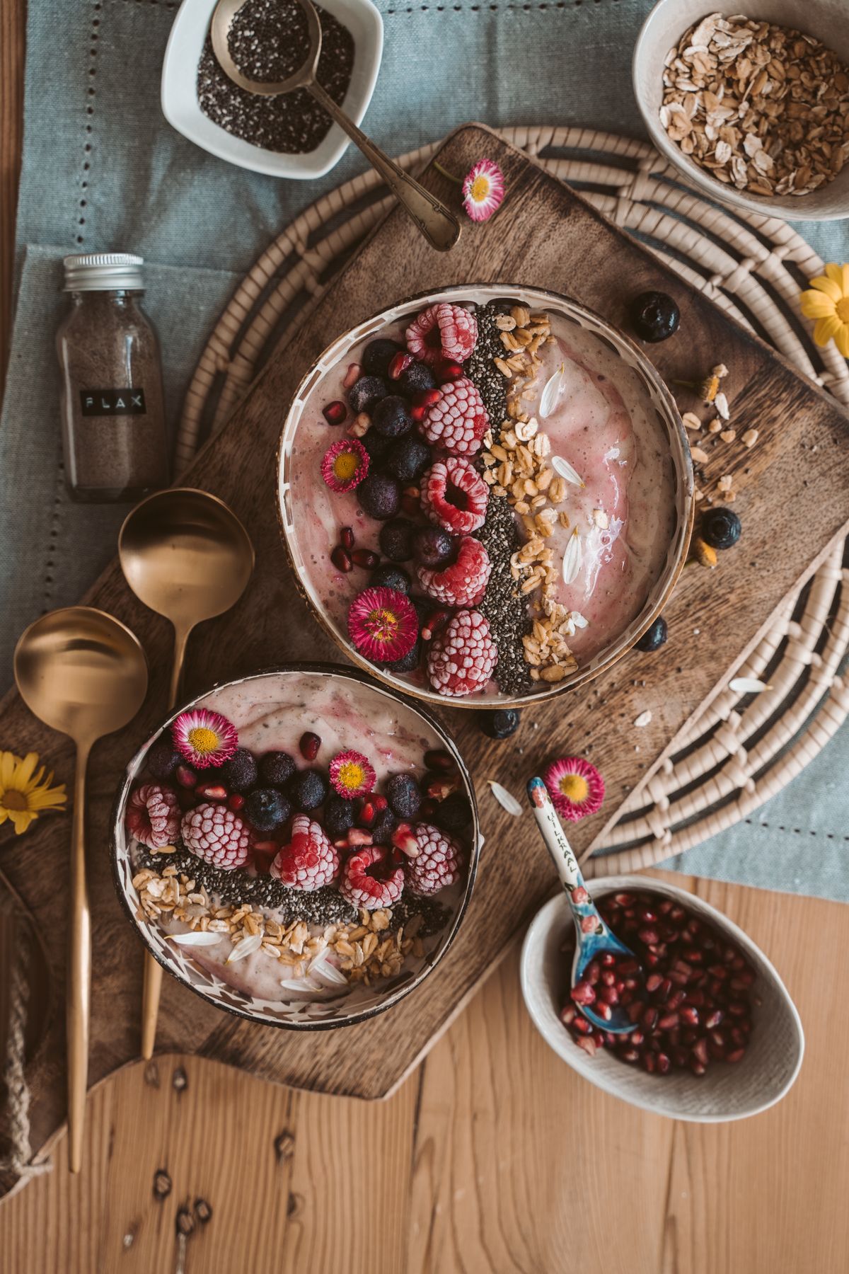 Bowls of layered berry desserts