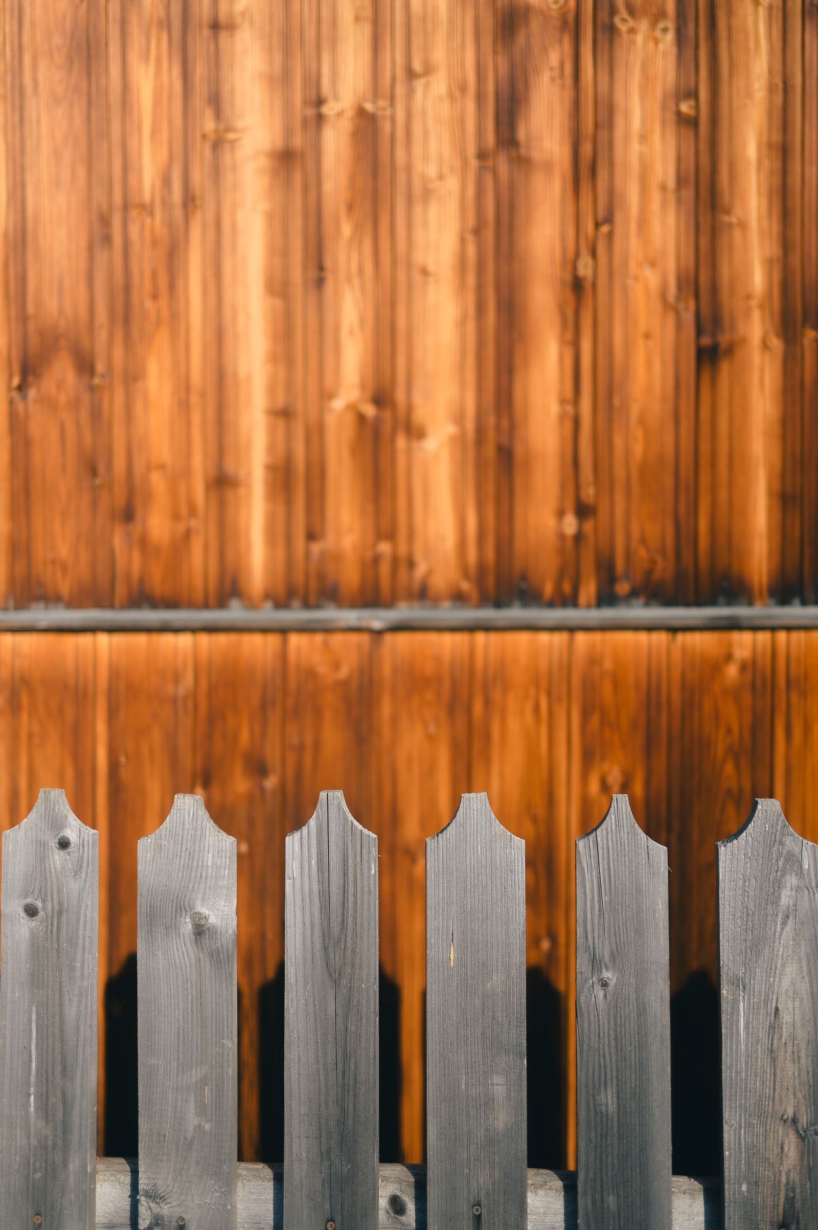 Cedar fence beside a white picket section