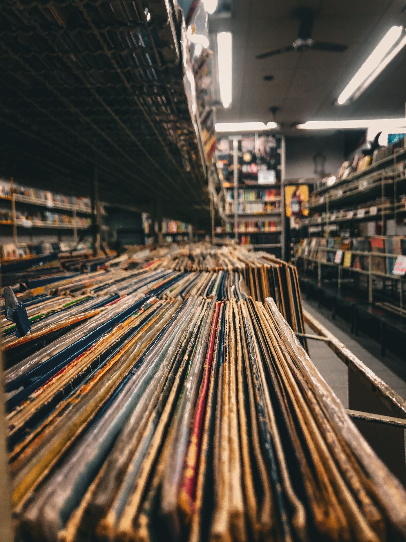 Aisle of records inside a shop