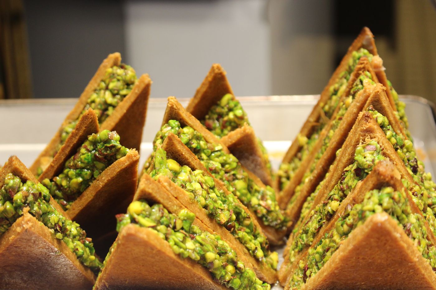 Pistachio baklava triangles