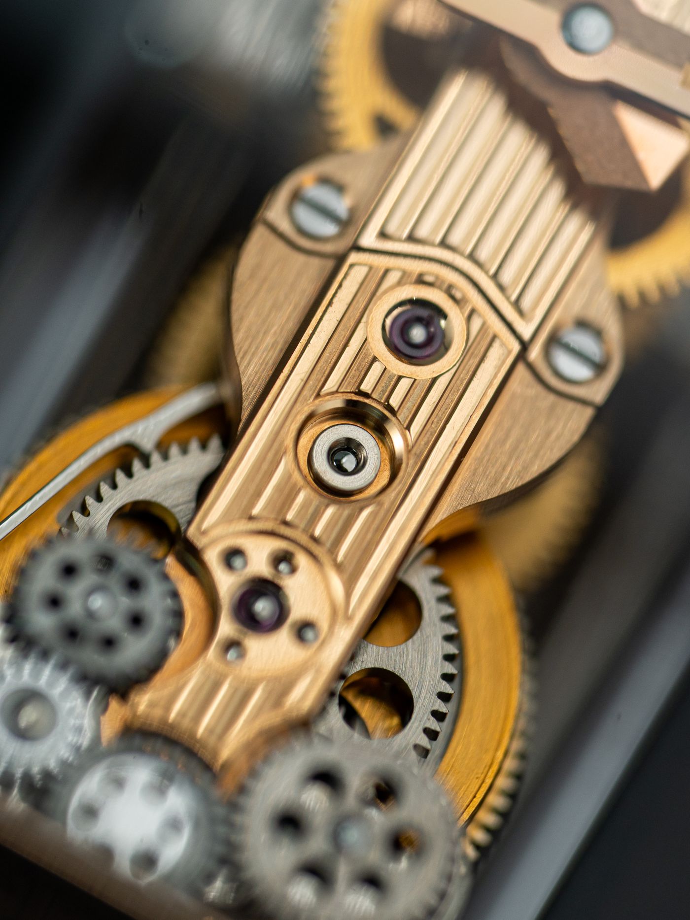 Macro of a watch movement gear train