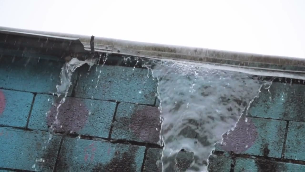 Rainwater pouring off a roof edge
