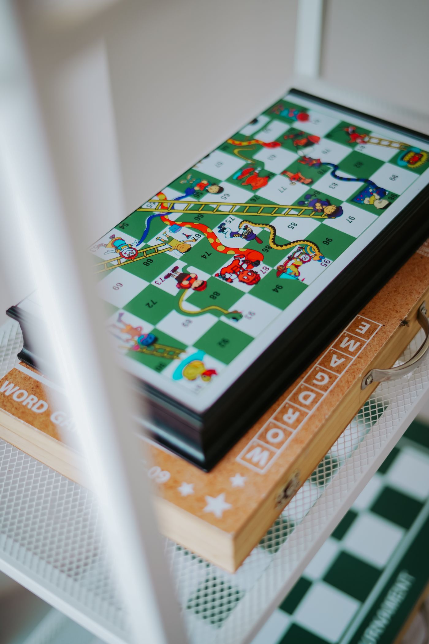 A board game on a shelf