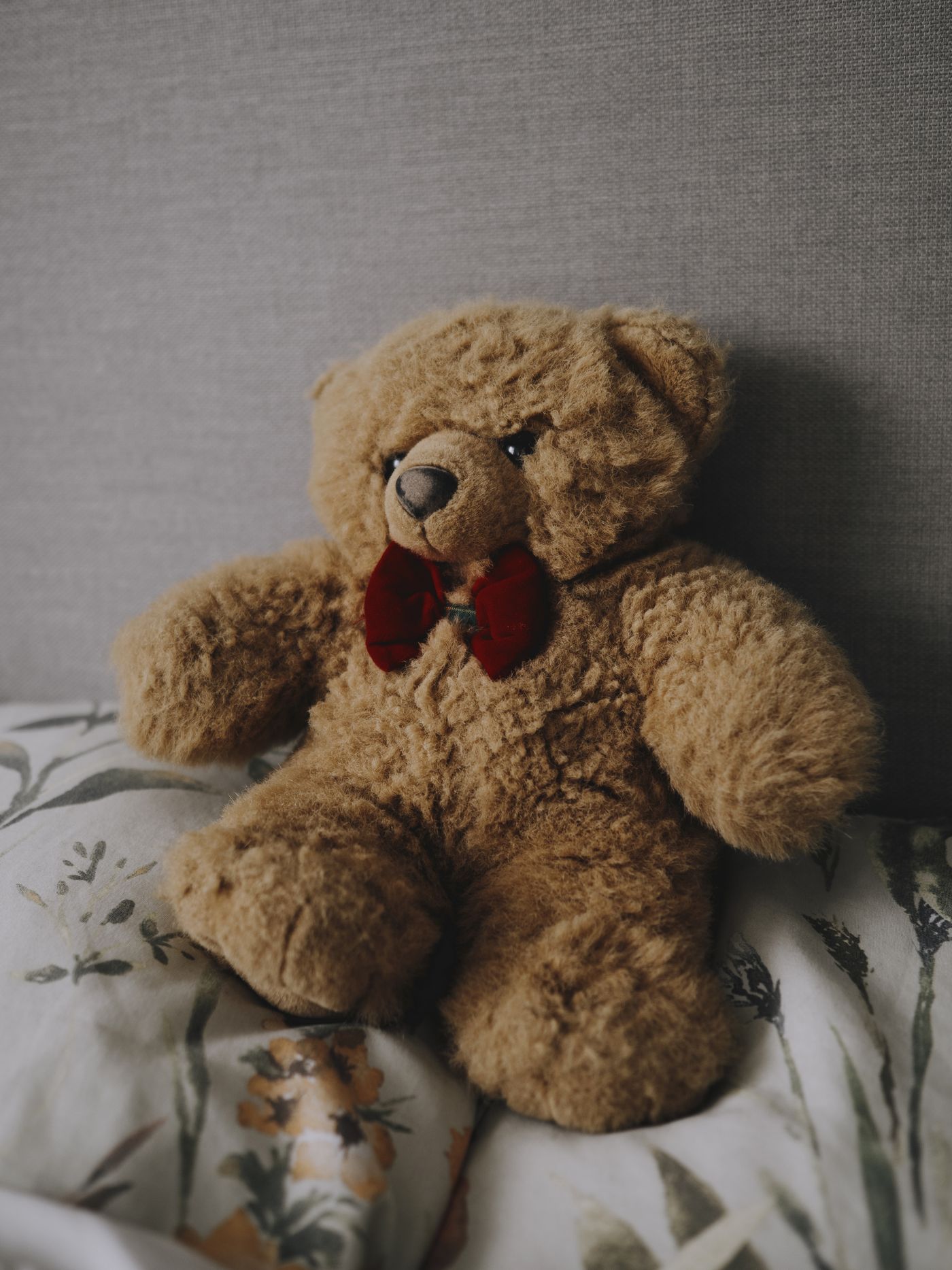 A plush teddy bear with a bow