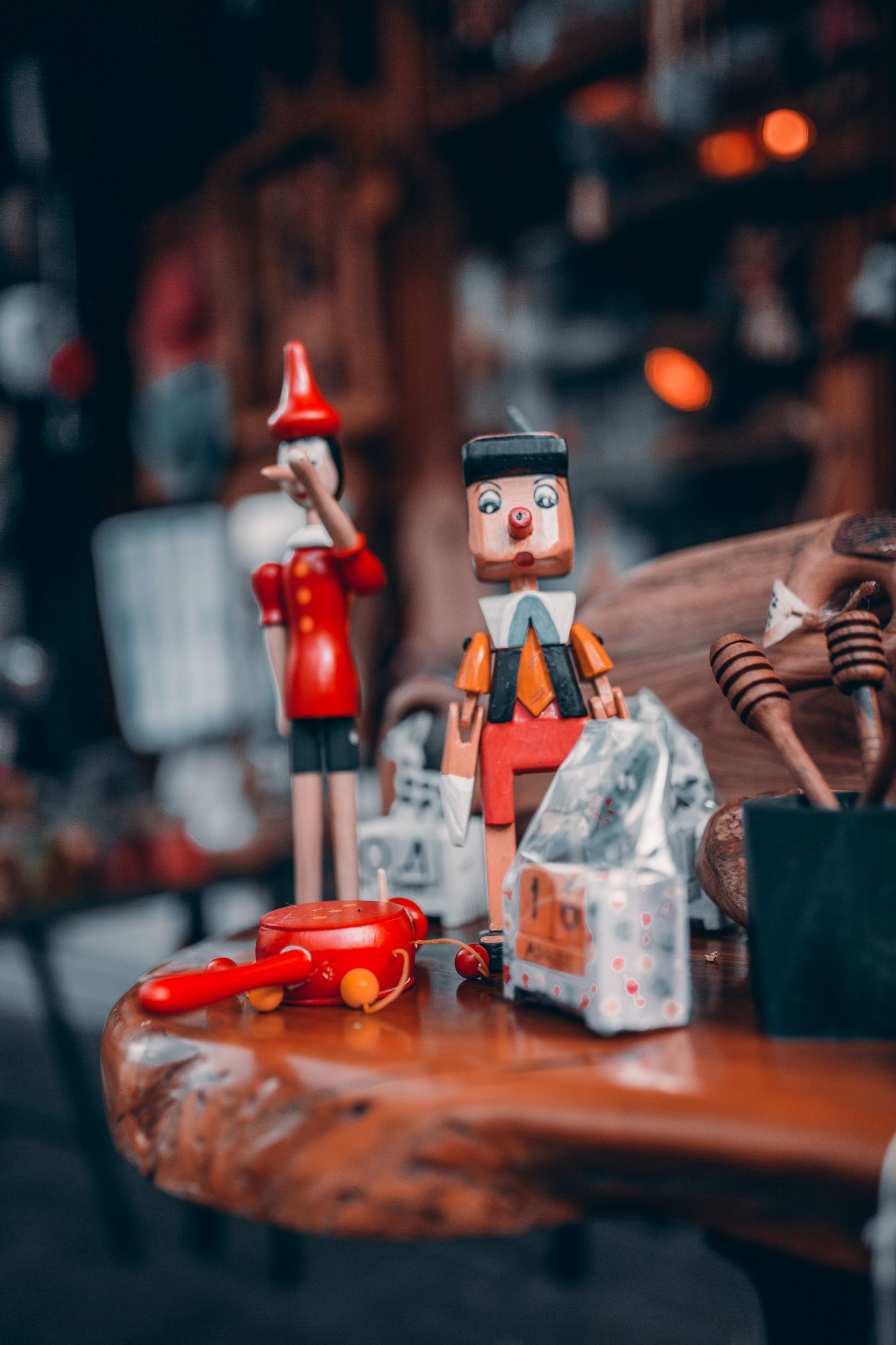 Wooden toy figures on a shelf