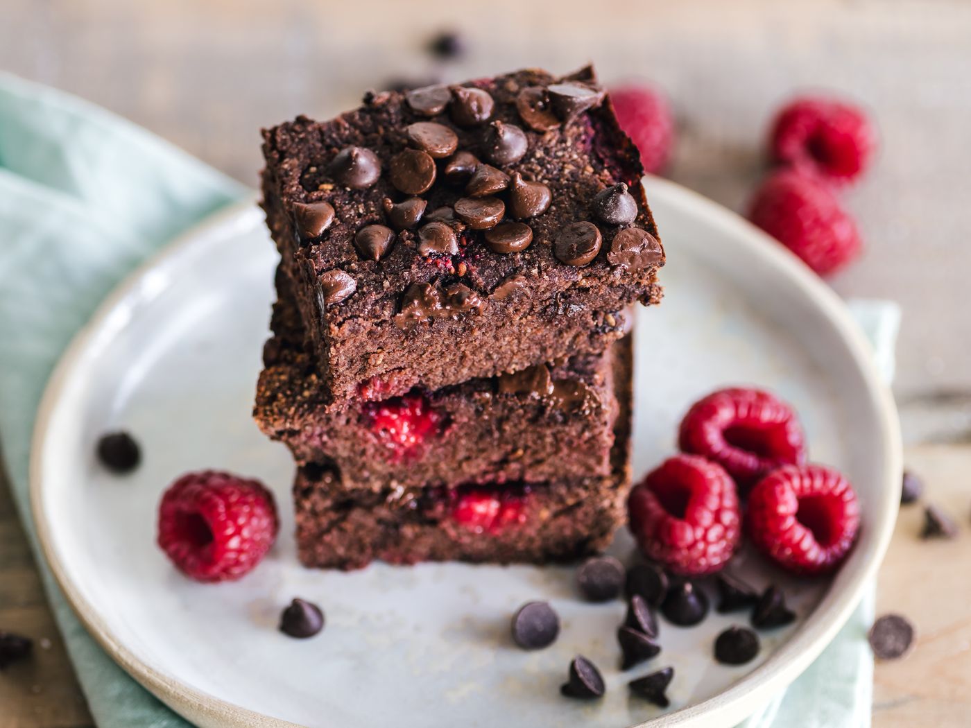 A stack of chocolate-raspberry dessert squares