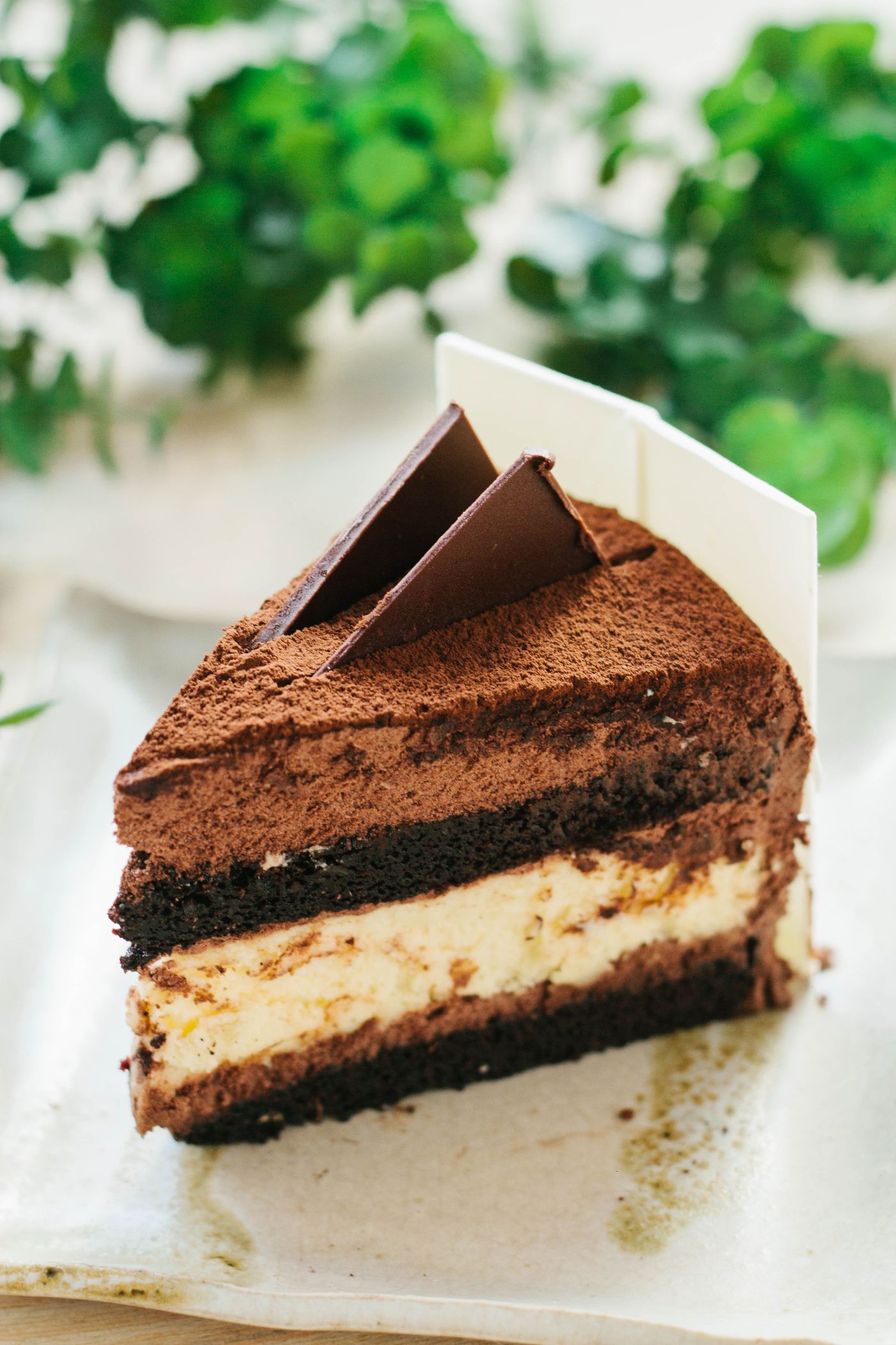 A slice of chocolate mousse layer cake
