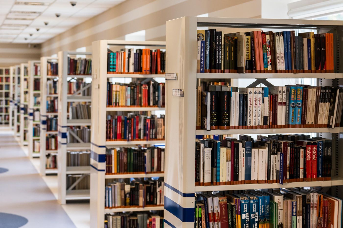 The aisle of an independent bookshop, shelves on both sides