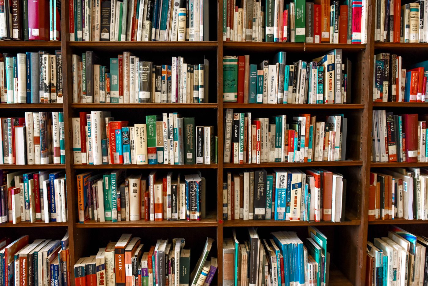 Warm, colourful bookshelves filling a wall in an independent bookshop