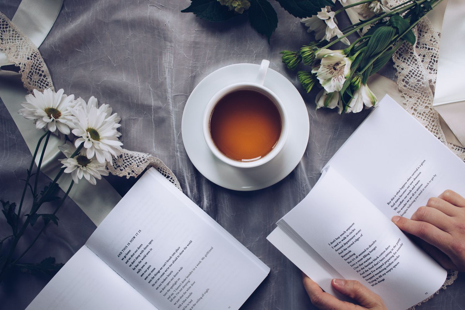 A cup of tea on an open book