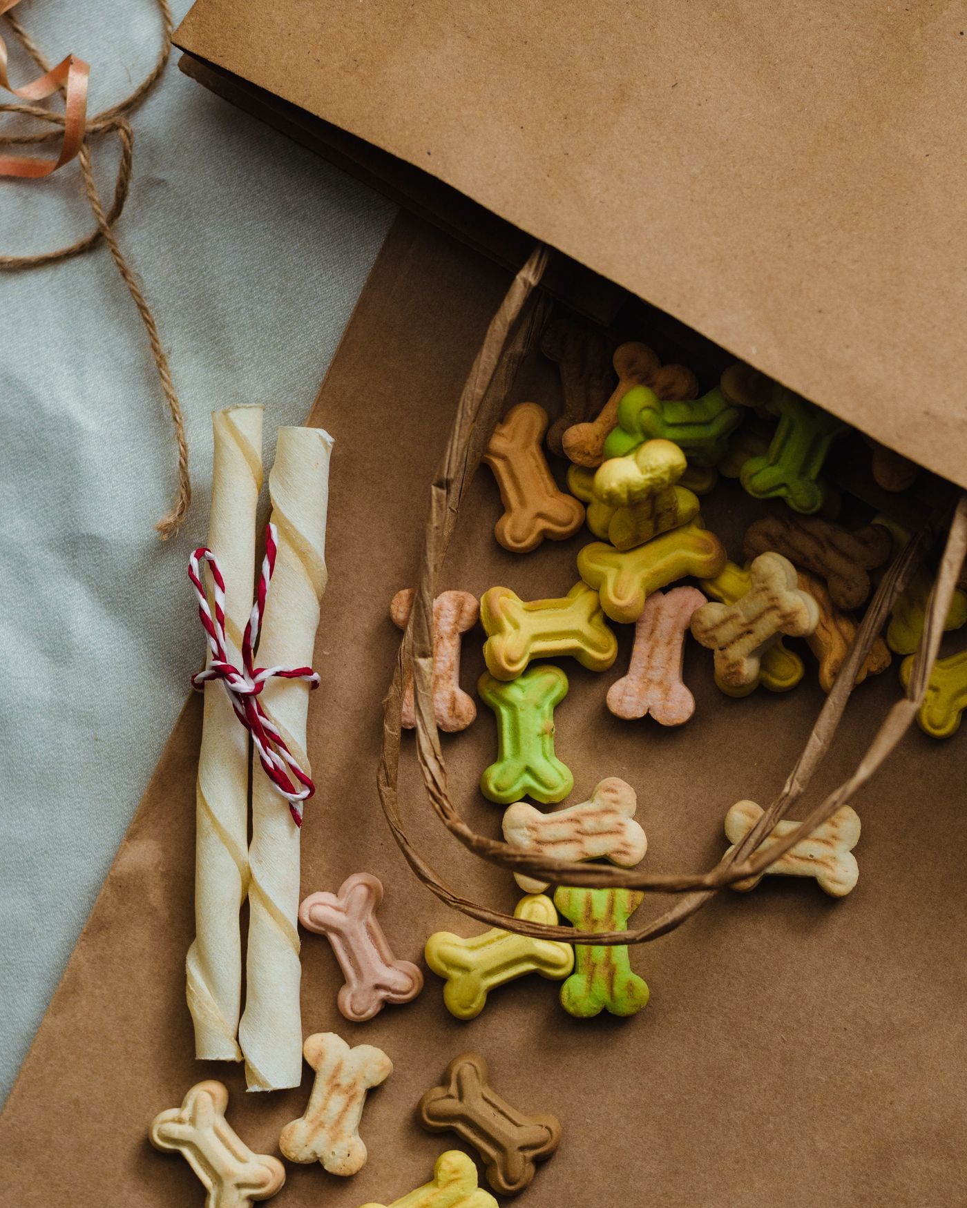 Assorted dog treats and chews from a plain kraft bag